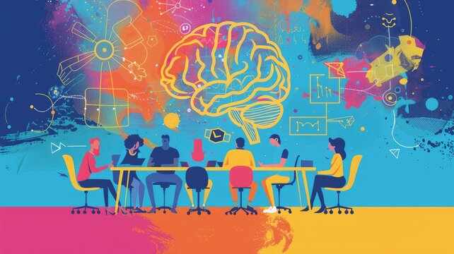 Colorful brainstorming team meeting illustration - A vibrant illustration of a diverse group of people brainstorming with creative elements of innovation floating above their meeting table