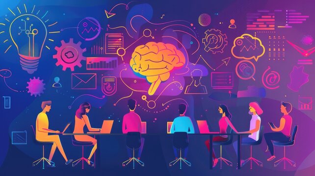 Creative business meeting with brain and ideas concept - A stylized illustration featuring a focused team in a business meeting surrounded by a luminous brain and symbolic icons of ideas and analytics