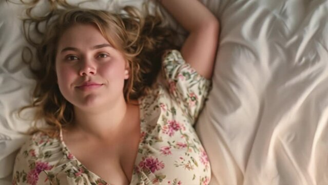 A beautiful, cute, chubby girl lies on a bed,Chubby girl relaxing in bedroom, taking selfie