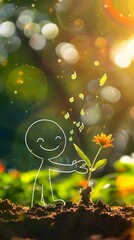 A white line art stick figure with a smile on his face, is planting small plant seeds (line art) in the ground. The background is a bokeh effect flower garden with burning green and white light dots