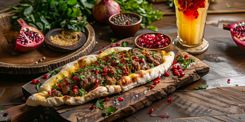 a plate with an Turkish flatbread filled and topped with meat, vegetables and pomegranate juice on the side, generative AI