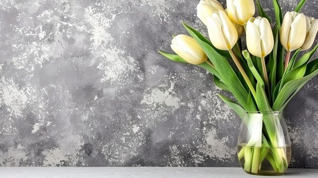  a vase filled with white tulips sitting on a table next to a gray and white wall behind it.