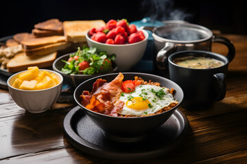 Fototapeta premium Wholesome Breakfast Spread: Scrambled Eggs, Bacon, Toast, Coffee, Fresh Fruits, and Juice