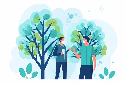 The concept of virus prevention. Two masked medics are standing next to each other. The concept of healthcare. People in close-up. A global epidemic or pandemic. Fashion illustration