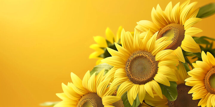Beautiful sunflowers on yellow background. View from above. Background with copy space