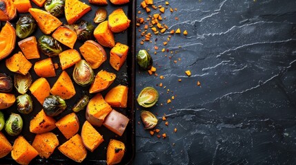Roasted sweet potatoes and brussel sprouts on a sheet pan