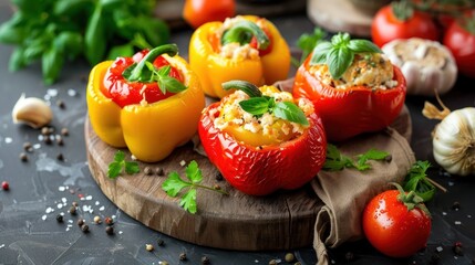 Raw vegan meal stuffed bell peppers with cashew cheese - obrazy, fototapety, plakaty