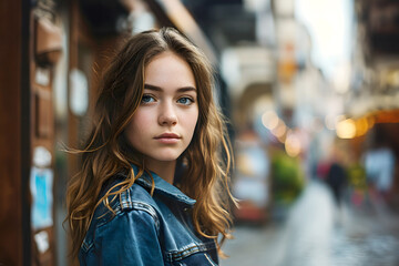 Fototapeta premium portrait of a beautiful young woman in a blue denim shirt
