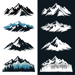 VECTOR SILHOUETTE SET OF MOUNTAINS ISOLATED ON WHITE AND BLACK BACKGROUND