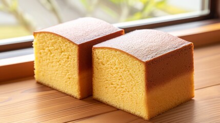  a couple of pieces of yellow cake sitting on top of a wooden table next to a large window sill.