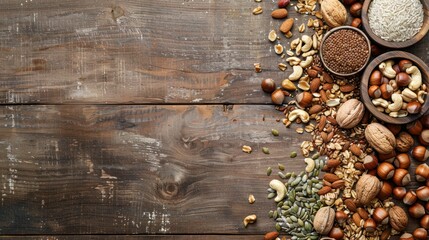 assorted nuts and seeds on wooden background - obrazy, fototapety, plakaty