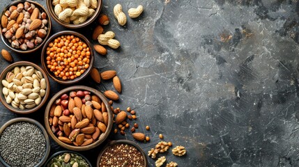 Assortment of nuts and seeds in small bowls