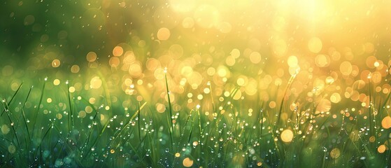 A soft-focus background of a dewy meadow at sunrise with a blurred green and golden palette - obrazy, fototapety, plakaty