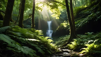 Wandcirkels tuinposter A lush forest scene, with sunlight filtering through the canopy to create dappled patterns on the forest floor, illuminating a hidden waterfall © Farhan