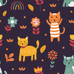 Seamless pattern of cute cartoon cat illustration
