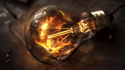  a light bulb that has been turned on with a lot of fire coming out of the inside of the bulb. - obrazy, fototapety, plakaty