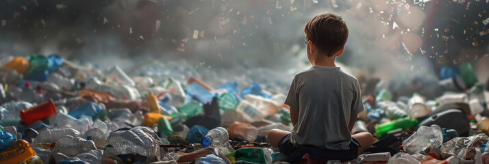 Young child contemplating surrounded by trash - A poignant depiction of a young child in contemplation amongst a vast array of trash, highlighting environmental issues - obrazy, fototapety, plakaty