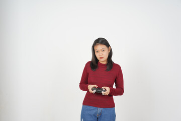 Young Asian woman in Red t-shirt holding game controller, Playing game isolated on white background