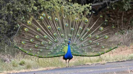 Obraz premium a peacock with it's feathers spread out on the side of the road in front of a wooded area.