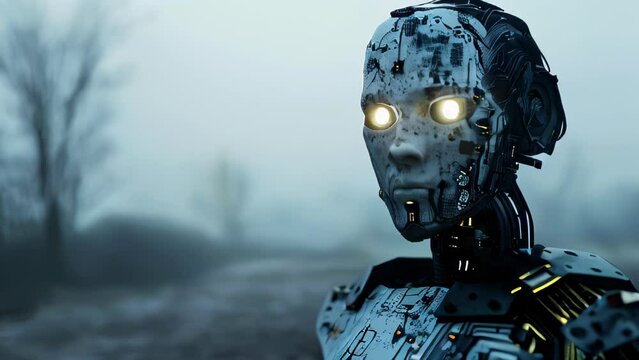 Humanoid robot stands in a misty, barren landscape. Glowing eyes and expressionless face make a striking impression. 