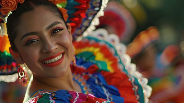 A close-up shot of a dancer's face, filled with joy and passion, as they perform a traditional Mexican dance.