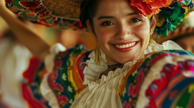A close-up shot of a dancer's face, filled with joy and passion, as they perform a traditional Mexican dance.