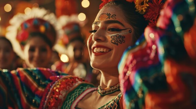A close-up shot of a dancer's face, filled with joy and passion, as they perform a traditional Mexican dance.