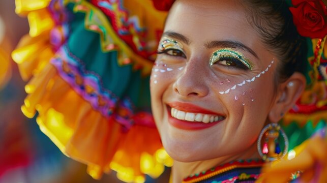 A close-up shot of a dancer's face, filled with joy and passion, as they perform a traditional Mexican dance.