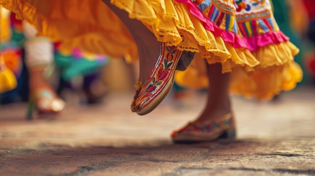 A close-up shot of a dancer's feet in traditional shoes, tapping out a rhythmic beat during a Cinco de Mayo performance. 