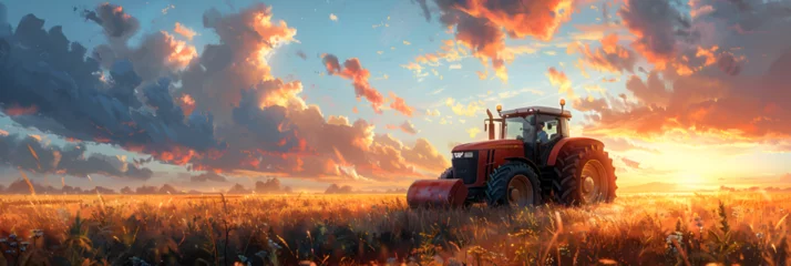 Deurstickers A tractor in a field of wheat, Agricultural Tractor in Grassy Field Illustration   © Ajay