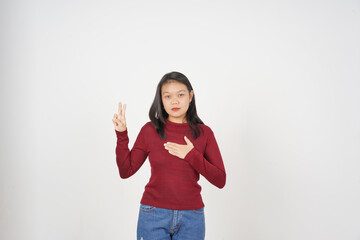 Young Asian woman in Red t-shirt Swearing make an oath isolated on white background