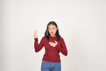 Young Asian woman in Red t-shirt Swearing make an oath isolated on white background