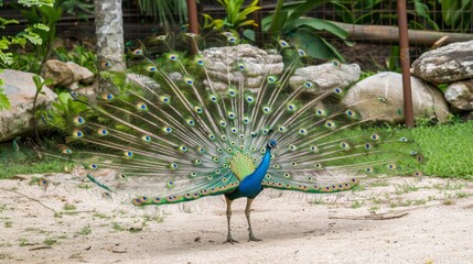 Obraz premium a peacock with it's feathers spread out in front of a rock and grass area with a fence in the background.