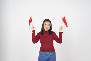 Young Asian woman in Red t-shirt Holding Indonesian flag, Independence day concept isolated on white background