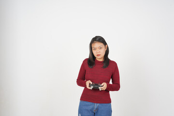 Young Asian woman in Red t-shirt holding game controller, Playing game isolated on white background