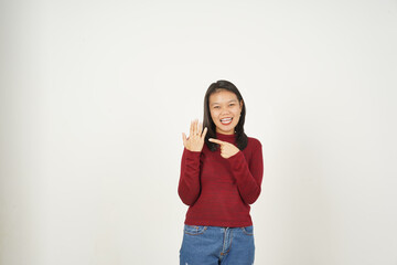 Young Asian woman in Red t-shirt Smiling and showing ring isolated on white background