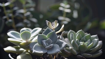  a close up of a bunch of succulents in a planter with green leaves on a sunny day.