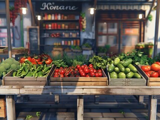 A market with a variety of vegetables including tomatoes, cucumbers, and broccoli. The market is open and the vegetables are displayed on wooden crates