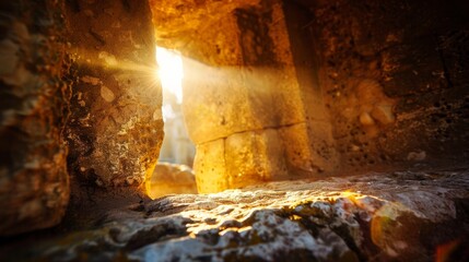 A close-up shot of a weathered stone rolled away from a tomb, sunlight streaming through the opening  - obrazy, fototapety, plakaty