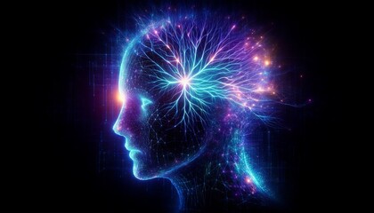 Fototapeta premium Side View of Digital Human Head with Bright Neural Sparks, Symbolizing Brain Activity, Innovation in Neuroscience, and Technology Integration