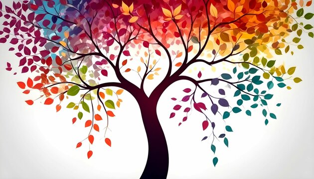 Colorful tree with leaves on hanging branches illustration background. abstraction wallpaper. Floral tree with multicolor leaves created with generative ai