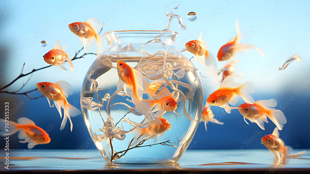 Wall mural Goldfish jumping out of the water in a fishbowl. water world. fauna and biology. concept of achieving goal and freedom