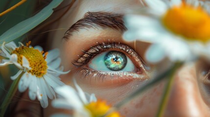 A close-up shot of a woman's sparkling eyes reflecting the beauty of a blooming flower