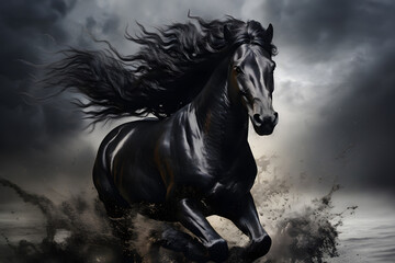 Obraz na płótnie Canvas purebred muscular horse gallops on a smoky background. mammal. biology and fauna