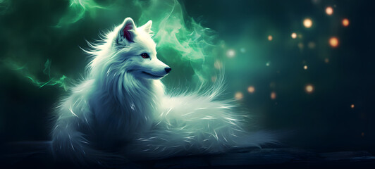 Bokeh beauty white fox nine tails on defocused emerald green background, ai generative