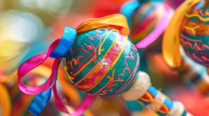 A close-up shot of festive maracas shaking with colorful ribbons, creating a vibrant fiesta scene