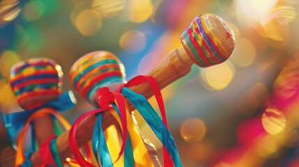 A close-up shot of festive maracas shaking with colorful ribbons, creating a vibrant fiesta scene