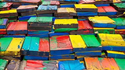  a pile of multicolored wooden planks stacked on top of each other in front of a brick wall.