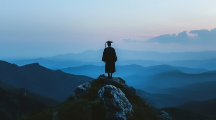 A photo of a silhouette of a graduate standing on a mountaintop overlooking a vast landscape, signifying a new beginning --ar 16:9 Job ID: 36690e7e-71a0-4cbc-a138-6ee4a0412e08 - obrazy, fototapety, plakaty