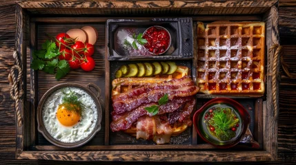 Foto op Plexiglas  a wooden tray with waffles, eggs, bacon, tomatoes, and a side dish of other food. © Olga